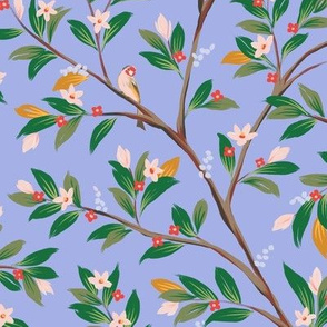 Goldfinch in Magnolias in Periwinkle Gouache 