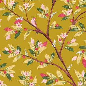 Goldfinch in Magnolias in Gold and Fuscia