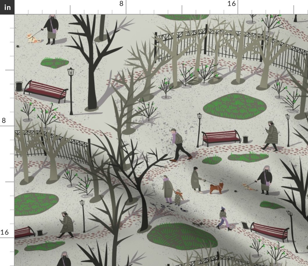 View from the window of the park_ where people_ children and dogs walk during early spring with thawed patches and the first grass