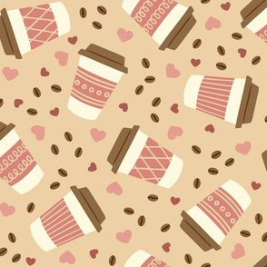 Hot Coffees with Doodle Sleeves on Brown with Hearts & Beans 