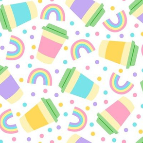 Coffee Cups with Pastel Rainbows and Confetti on White