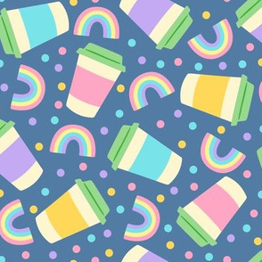 Coffee Cups with Pastel Rainbows and Confetti on Blue