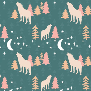 Teal Boho Howling Wolf Woodland Forest Medium