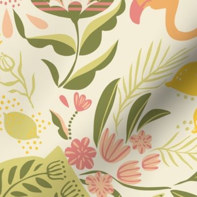 L-Bright yellow tropical summer-mod birds and fruits (wallpaper/bedding)