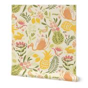 L-Bright yellow tropical summer-mod birds and fruits (wallpaper/bedding)