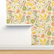 L-Bright yellow tropical summer-mod birds and fruits (wallpaper/bedding)