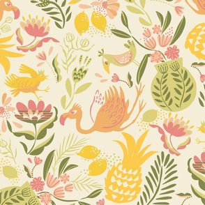 L-Bright yellow tropical summer-mod birds and fruits (wallpaper/bedding)