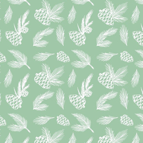 Minimalist White Pine Cones & Botanical Branch Doodles Pattern on Mint Green