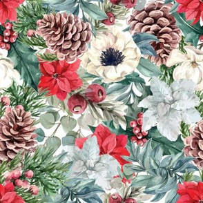 Festive Foliage Rustic Christmas Holiday Poinsettia Floral & Pine Cone Pattern