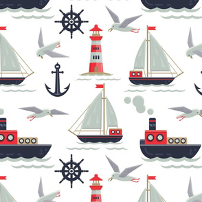 Nautical Kids Sailboat, Seagull, Anchor, Tugboat & Lighthouse Pattern