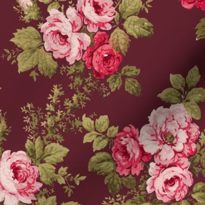 Old English Pink Roses on Maroon