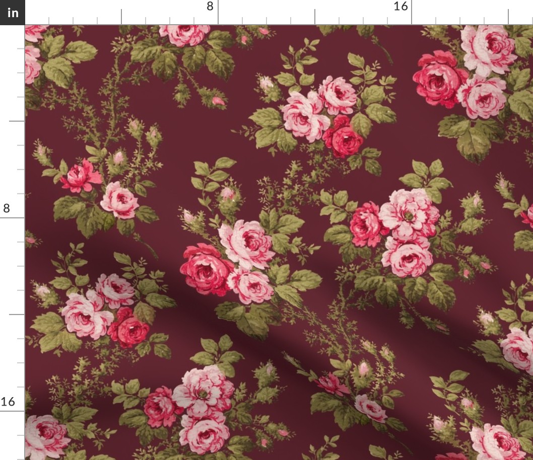 Old English Pink Roses on Maroon