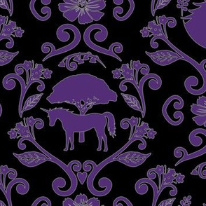 Unicorn Damask: Dark Purple on Black with Gray Outline (Extra Large Size)