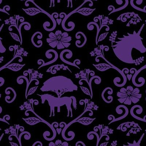 Dark Purple on Black Unicorn Damask