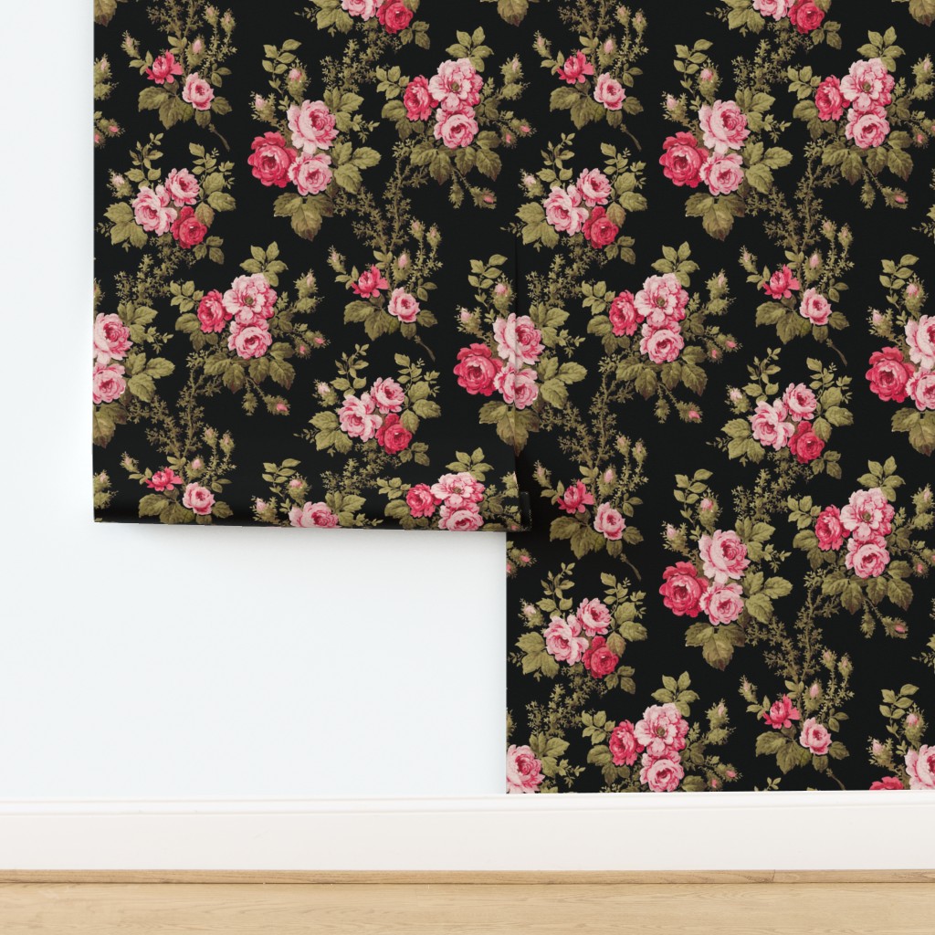 Old English Pink Roses on Black Wallpaper | Spoonflower