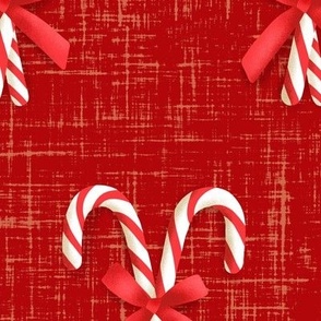 Crossed Candy Canes Tied With Bow on Red (Large Scale)