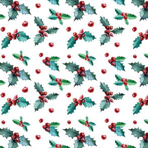 Watercolor Holly Berries & Leaves Christmas Holiday Floral Botanical Pattern