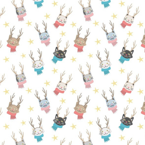 Meowy Christmas Reindeer Cats With Scarf & Stars Pattern