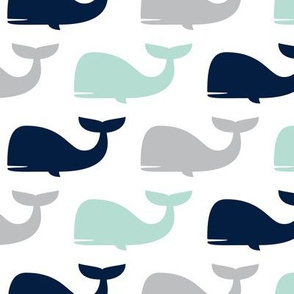 whales - nautical fabric - navy and mint C21