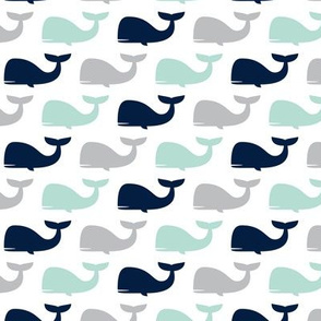 (small scale) whales - nautical fabric - navy and mint C21