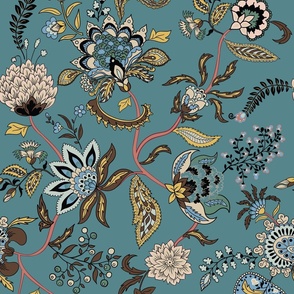 Indian Floral Classic in Earth tones and black on teal