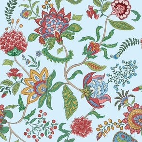 Indian Floral on light blue with green, red, pink, yellow, orange, blue