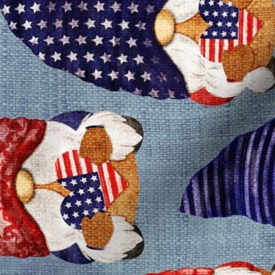 Stars and Stripes Flag Gnomes on Blue Burlap Rotated - large scale