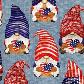 Stars and Stripes Flag Gnomes on Blue Burlap - large scale