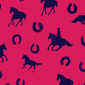 Horses and Horse shoes Navy on Pink