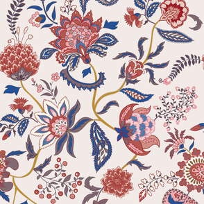 Indian Floral on soft grey background with red, pink, blue, brown