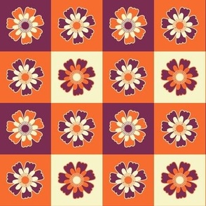 024 - Cottage garden - Purple, cream and orange bold and bright daisy flower gingham grid - large scale for floral cotton sheets, kitchen grasscloth wallpaper, kids party dresses, summer sleepwear, crafts and patchwork. medium scale for home decor and sof