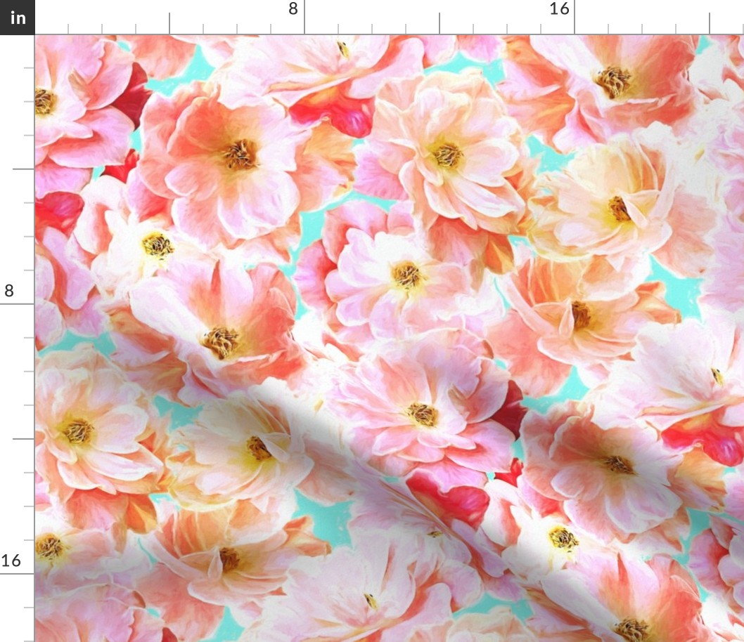 Abstracted Full Blown Roses in Candy Pink and Pale Cyan - large