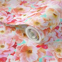 Abstracted Full Blown Roses in Candy Pink and Pale Cyan - small