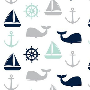 nautical - mint and navy - whale, sailboat, anchor,  wheel C21