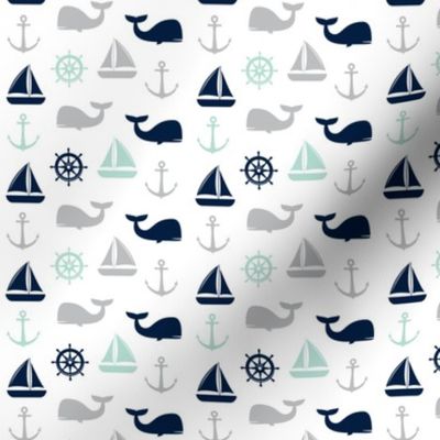 (small scale) nautical - mint and navy - whale, sailboat, anchor,  wheel C21