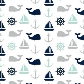 (small scale) nautical - mint and navy - whale, sailboat, anchor,  wheel C21