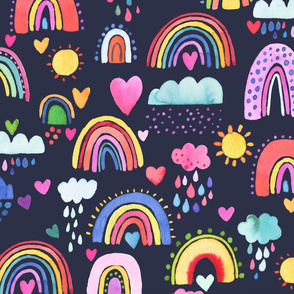 Lovely rainbows Watercolor Multicolor Navy Large