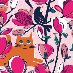 Large jumbo scale // Hello Spring! // pastel pink background orange tabby cat fuchsia pink Magnolia full bloom oxford navy blue branches birds and lines
