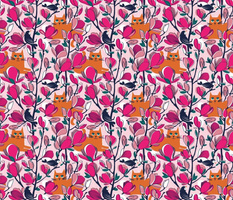 Small scale // Hello Spring! // pastel pink background orange tabby cat fuchsia pink Magnolia full bloom oxford navy blue branches birds and lines