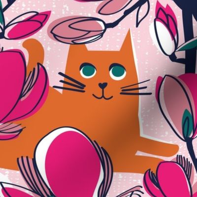 Normal scale // Hello Spring! // pastel pink background orange tabby cat fuchsia pink Magnolia full bloom oxford navy blue branches birds and lines