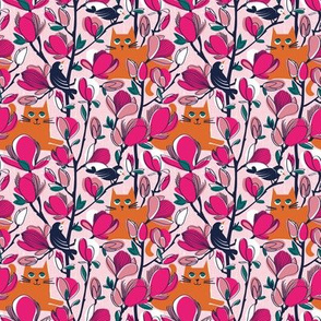 Tiny scale // Hello Spring! // pastel pink background orange tabby cat fuchsia pink Magnolia full bloom oxford navy blue branches birds and lines