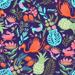 Cheerful tropical summer (birds and fruits)_bold colors__large scale_for vitamin wallpaper and bedding.
