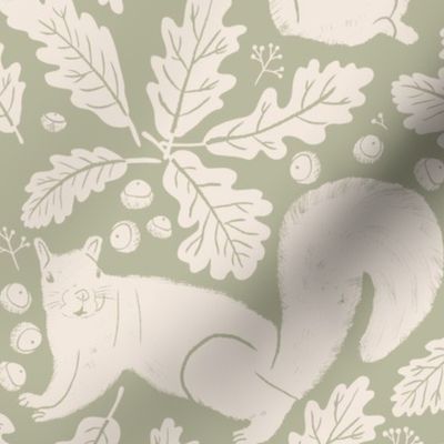 Woodland Animals Forest Squirrel Acorns Leaves in Sage Green