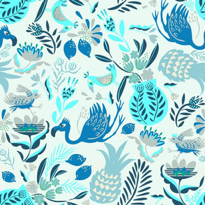 Cheerful tropical summer_monochrome blue__large scale_for wallpaper and bedding.