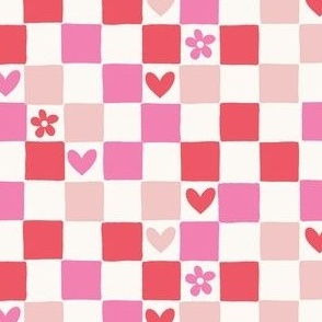 Valentines checkerboard with hearts and flowers in pinks and red - field of hearts - love checkerboard - plaid with hearts and daisies