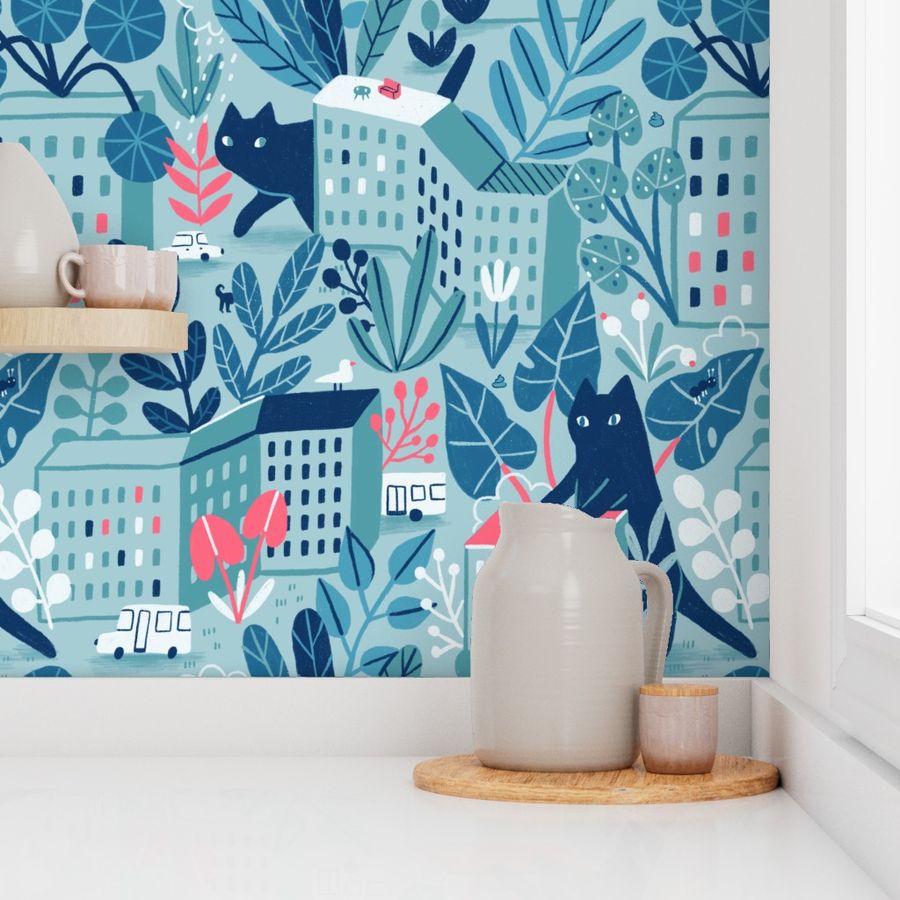 Giant cats in the city. Cute navy pet, Wallpaper | Spoonflower