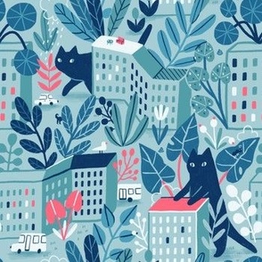 Giant cats in the city. Cute navy pet, buildings and home plants