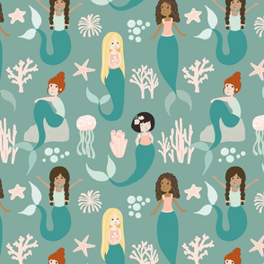 Mermaid Friends on Teal Blue Medium