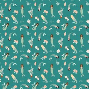 Mermaids and Flowers on Teal Small
