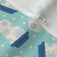 Coffee Cups with Snowflakes on Aqua